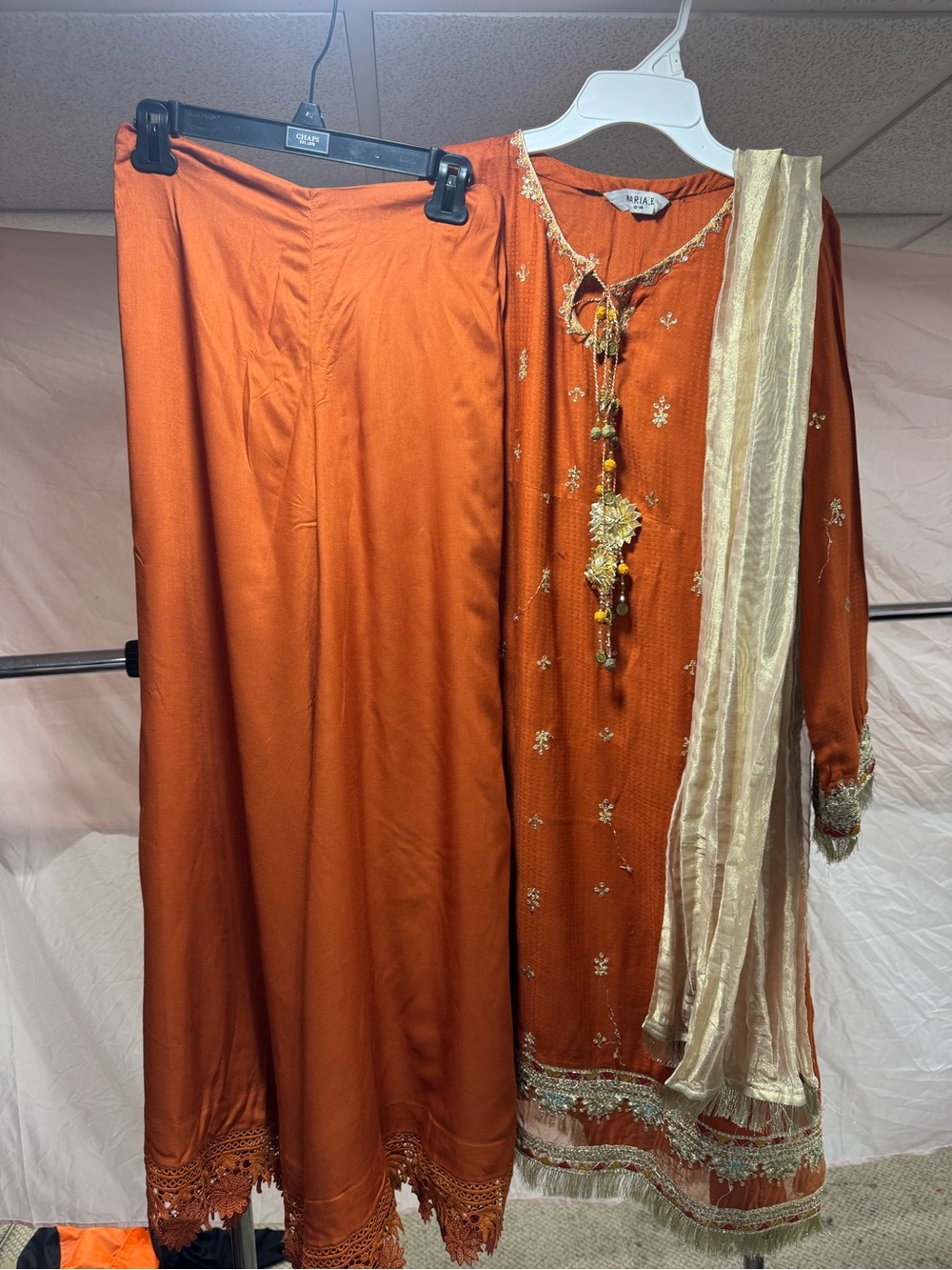 Girls' Formal Orange Embroidered Dress with Gold Dupatta